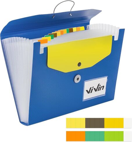 ViVin Expanding File Folder, 13-Pocket Accordion Filing Organizer with Extra Pocket & Labels, Portable Expandable Poly Folio for Documents Receipt Bills Invoice, Letter/A4 Size - Blue in Saudi Arabia