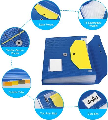 ViVin Expanding File Folder, 13-Pocket Accordion Filing Organizer with Extra Pocket & Labels, Portable Expandable Poly Folio for Documents Receipt Bills Invoice, Letter/A4 Size - Blue in Saudi Arabia