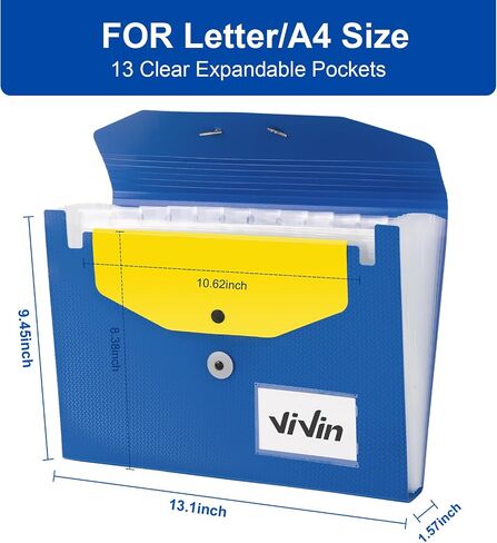 ViVin Expanding File Folder, 13-Pocket Accordion Filing Organizer with Extra Pocket & Labels, Portable Expandable Poly Folio for Documents Receipt Bills Invoice, Letter/A4 Size - Blue in Saudi Arabia