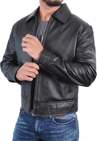 Real Lambskin Leather Jacket Mens - Vintage Collar Modern Soft Leather Motorcycle Jacket Men Outerwear in Saudi Arabia