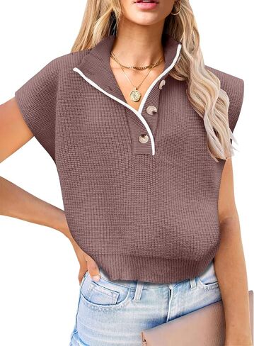 ANRABESS Womens Pullover Sweaters V Neck Button Down Short Sleeve Sweater Vest Loose Casual Knit Tops 2024 Fall Outfits in Saudi Arabia