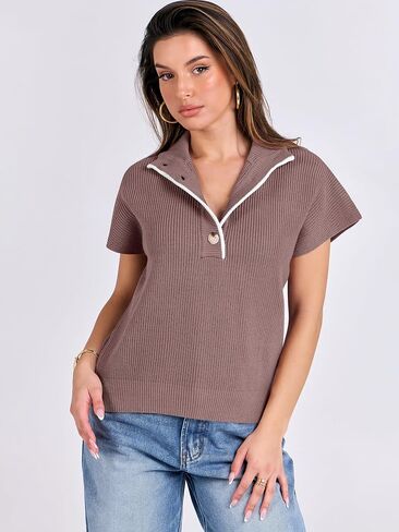 ANRABESS Womens Pullover Sweaters V Neck Button Down Short Sleeve Sweater Vest Loose Casual Knit Tops 2024 Fall Outfits in Saudi Arabia