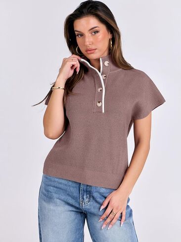 ANRABESS Womens Pullover Sweaters V Neck Button Down Short Sleeve Sweater Vest Loose Casual Knit Tops 2024 Fall Outfits in Saudi Arabia