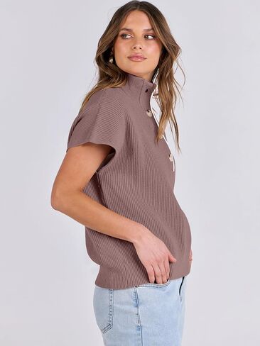 ANRABESS Womens Pullover Sweaters V Neck Button Down Short Sleeve Sweater Vest Loose Casual Knit Tops 2024 Fall Outfits in Saudi Arabia