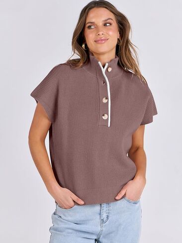 ANRABESS Womens Pullover Sweaters V Neck Button Down Short Sleeve Sweater Vest Loose Casual Knit Tops 2024 Fall Outfits in Saudi Arabia