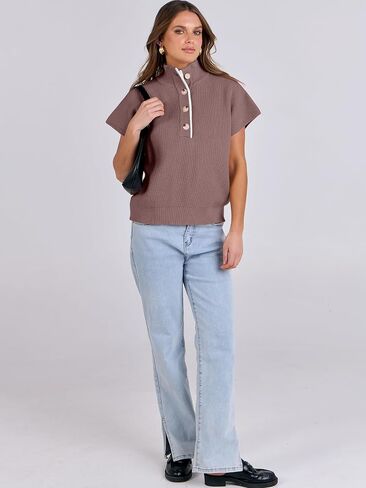 ANRABESS Womens Pullover Sweaters V Neck Button Down Short Sleeve Sweater Vest Loose Casual Knit Tops 2024 Fall Outfits in Saudi Arabia