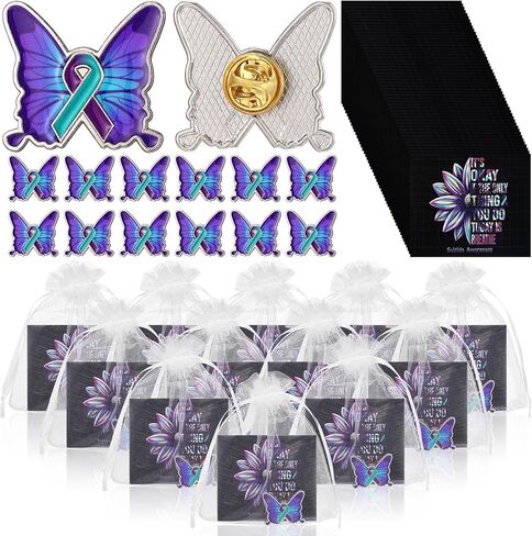 50 Sets Suicide Awareness Favors Butterfly with Ribbon Brooch Suicide Prevention Awareness Lapel Pins Favor with Motivational Cards Organza Bags for Women Men Party Favor Supplies in Saudi Arabia