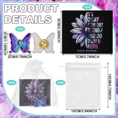 50 Sets Suicide Awareness Favors Butterfly with Ribbon Brooch Suicide Prevention Awareness Lapel Pins Favor with Motivational Cards Organza Bags for Women Men Party Favor Supplies in Saudi Arabia