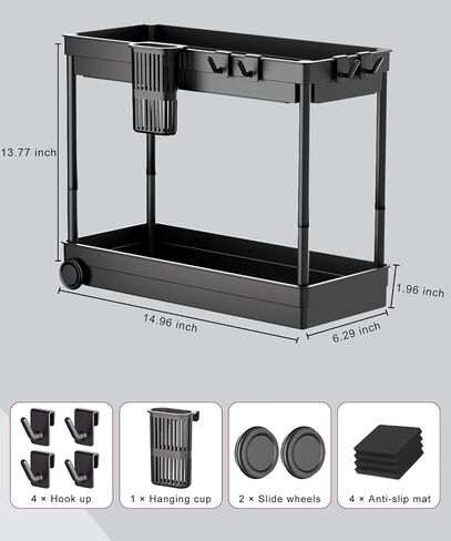 2 Pack Under Sink Organizer, 2 Tier Bathroom Cabinet Organizers and Storage with Hook, Multi-purpose Storage Basket Shelf for Kitchen, Black in Saudi Arabia