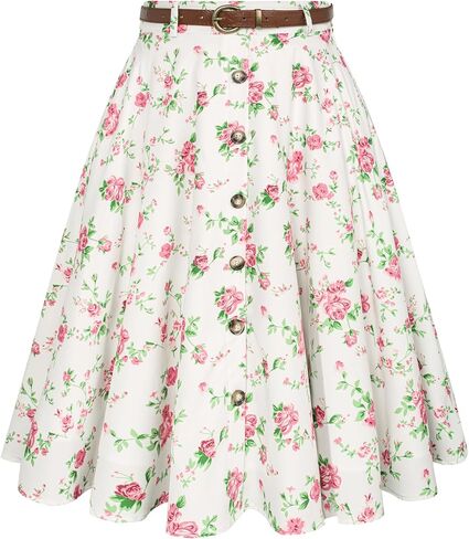 Belle Poque Women's Vintage Stretch High Waist A-Line Flared Midi Skirts with Pockets & Belts in Kuwait