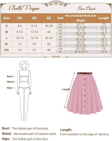 Belle Poque Women's Vintage Stretch High Waist A-Line Flared Midi Skirts with Pockets & Belts in Kuwait