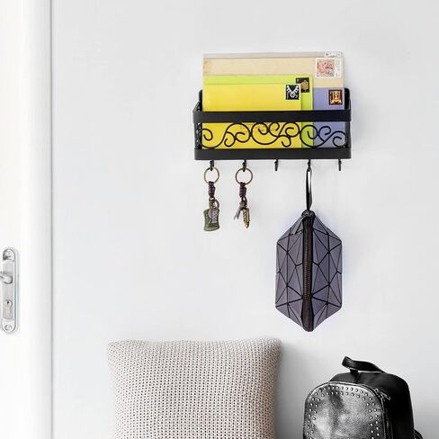 حامل بريد معدني أسود مثبت على الحائط من MyGift ورف منظم للمفاتيح مع 5 خطافات وتصميم تمرير بنمط Vinatge، سلة حامل رسائل معلقة in Kuwait