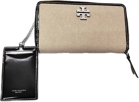 Tory Burch 160772 Thea Canvas كاكي/أسود مع أجزاء فضية محفظة نسائية بسحاب كونتيننتال مع حافظة بطاقات مرفقة in Kuwait