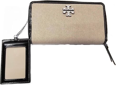 Tory Burch 160772 Thea Canvas كاكي/أسود مع أجزاء فضية محفظة نسائية بسحاب كونتيننتال مع حافظة بطاقات مرفقة in Kuwait