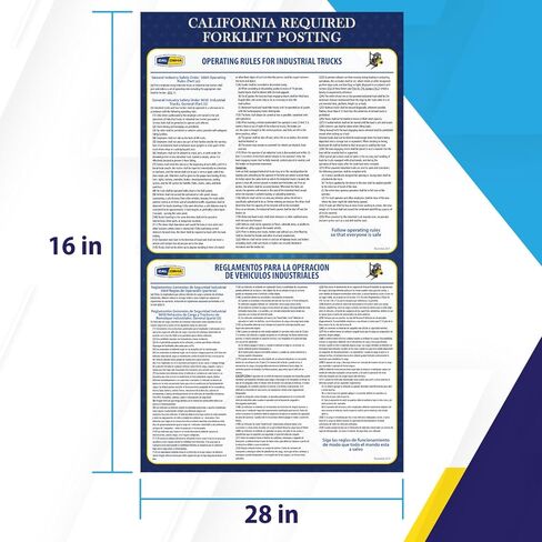 نشر رافعة شوكية مطلوبة في كاليفورنيا - ملصق قواعد مغلفة متوافق مع معايير إدارة السلامة والصحة المهنية (OSHA) في مكان العمل - النسخة الإنجليزية الإسبانية - 16 بوصة × 28 بوصة in Kuwait