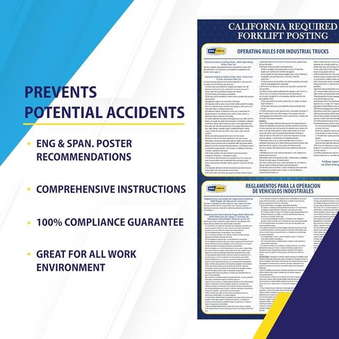 نشر رافعة شوكية مطلوبة في كاليفورنيا - ملصق قواعد مغلفة متوافق مع معايير إدارة السلامة والصحة المهنية (OSHA) في مكان العمل - النسخة الإنجليزية الإسبانية - 16 بوصة × 28 بوصة in Kuwait