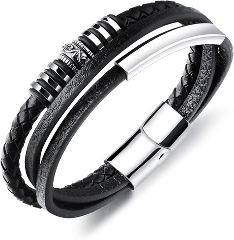 Italian Handmade Genuine Leather Bracelets for Men Stainless Steel Clip, Men's Casual Genuine Multi-layer Cuff Bracelet, Bracelet Gift for Real Men in Kuwait