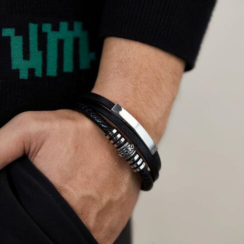 Italian Handmade Genuine Leather Bracelets for Men Stainless Steel Clip, Men's Casual Genuine Multi-layer Cuff Bracelet, Bracelet Gift for Real Men in Kuwait