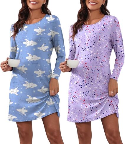 Ekouaer 2 Pack Nightgowns for Women Long Sleeve Night Gowns Tshirt Sleep Shirts Night Shirts Night Dress S-3XL in Saudi Arabia