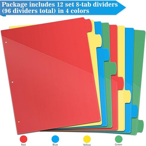 12 مجموعة من فواصل المجلدات من Jyusmile 8 علامات تبويب مع جيوب، وفواصل مؤشرة لـ 3 مجلدات حلقية، وفواصل بلاستيكية متعددة الألوان مع 3 فتحات ثقب، و96 قطعة فواصل للوازم المدرسية والمكتبية in Kuwait