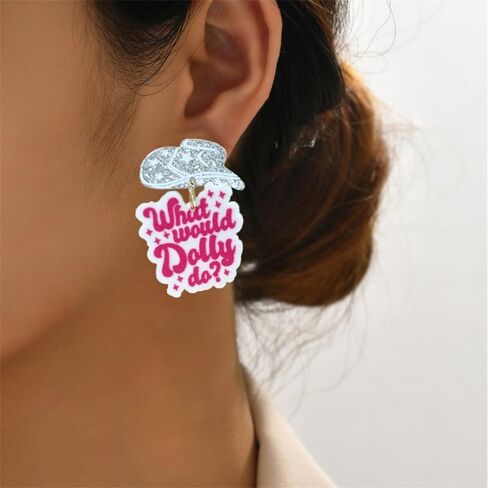 Pingyongchang What Would Dolly Do Earrings Acrylic Western Cowgirl Statement Drop Dangle Pink Resin Earrings for Women Teen Girls Jewelry Gift in Saudi Arabia