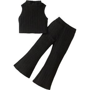 MakeMeChic Girl's 2 Piece Outfits Knitted Mock Neck Sleeveless Tank Top and Flare Leg Pants Sets