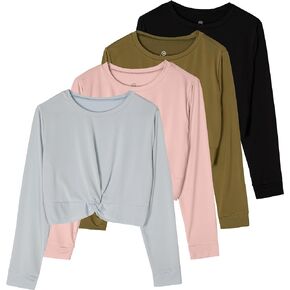 Real Essentials 4 Pack: Women's Dry-Fit Long-Sleeve Twist Front T-Shirt - Athletic Workout Yoga Tops (Available in Plus Size)