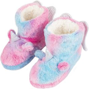 Little Kids Cozy Unicorn Rainbow Slippers Warm Socks Plush Fleece Slip-on Booties for Boy Girls Indoor & Outdoor