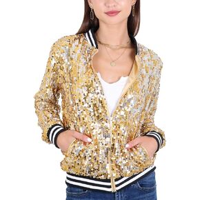 Anna-Kaci Womens Sequin Jacket Sparkle Long Sleeve Front Zip Casual Blazer Bomber Jacket With Pockets