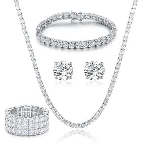 Gemsme 18K White Gold Plated Tennis Necklace/Bracelet/Earrings/3 Row Ring Sets Pack of 4