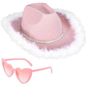 Yoiemivy ريشة قبعة رعاة البقر مع نظارة شمسية على شكل قلب للنساء، قبعة رعاة البقر ديسكو سباركلي قبعة راعية البقر الغربية لحفل زفاف عيد الميلاد (الوردي) in Kuwait