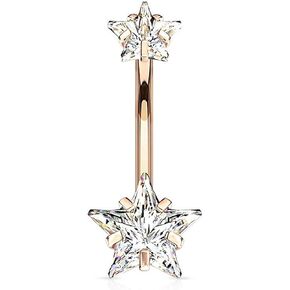 Covet Jewelry Double Star CZ Belly Button Navel Ring - Hypoallergenic Surgical Steel with Prong Gems and Internal Threading