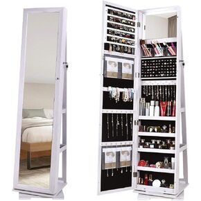 DlandHome Mirror Jewelry Cabinet, Lockable Jewelry Organizer with Full-Length Mirror, Rear Storage Shelves, Built-in Small Mirror, Jewelry Armoire, QH-7021C-BW