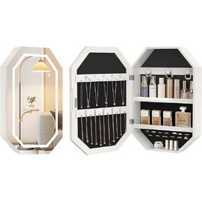 VECELO LED Jewelry Cabinet, Wall/Door-Mounted Jewelry Organizer with Frameless Lighted Mirror, Storage Hanging Cabinet, USB Port, 22.4 * 14.6 * 3.9 in, White