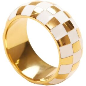 Shapes Studio 18K Gold Plated Titanium White Checker Band Ring. Vintage Styled Women Checkered Ring, Stackable Ring