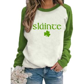 Funny St Patricks Day Shamrock Shirt for Women Long Sleeves, Irish Clover Crewneck Lightweight Sweatshirt