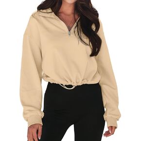 MEROKEETY Women's Quarter Zip Crop Sweatshirt Long Sleeve Stand Collar Drawstring Casual Pullover Top