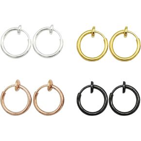 LAXPICOL Clip On Earrings 4PCS Different Color Gold Silver Black Rose 0.43IN/0.51IN/0.59IN/0.70IN Stainless Hoop Earrings Clip On Earrings for Women Girls No Piercing