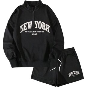 SweatyRocks Women's 2 Piece Letter Print Long Sleeve Mock Neck Sweatshirt and Drawstring Track Shorts Sets