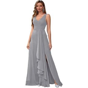 Chiffon Bridesmaid Dresses for Wedding Long Pleated V Neck Evening Gowns with Slit Formal Wedding Guest Dress