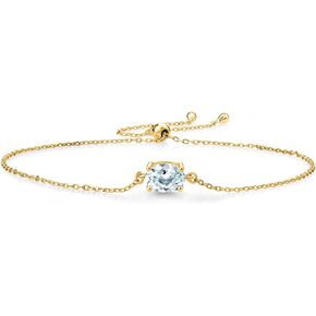 Gem Stone King 18K Yellow Gold Plated Silver Sky Blue Aquamarine Solitaire Bracelet For Women (1.20 Cttw, Oval 8X6MM, Gemstone March Birthstone, Fully Adjustable Up to 9 Inch)