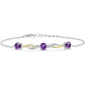 Gem Stone King 925 Silver and 10K Yellow Gold Round Purple Amethyst and White Moissanite Tennis Graduated Bracelet For Women (1.47 Cttw, Gemstone Birthstone, 7 Inch with 1 Inch Extender)