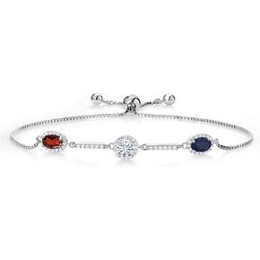 925 Sterling Silver Customized and Personalized 3-Stone Round and Oval Gemstone Birthstones and White Created Moissanite Tennis Bracelet For Women By Keren Hanan Fully Adjustable Up to 9 Inch)