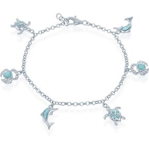 Sterling Silver Natural Larimar Nautical Turtle, Dolphin, Crab Charm 7+1" Bracelet
