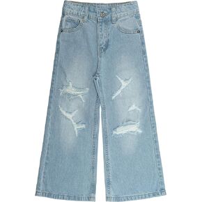 KIDSCOOL SPACE Girls Flare Jeans,Little Big Girl Distressed Holes Wide Leg Summer Denim Pants