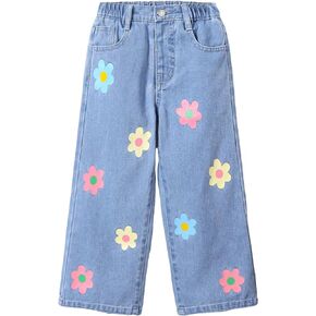 Floerns Girl's Floral Pattern Kids Jeans Elastic Waist Wide Leg Denim Pants