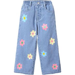 Floerns Girl's Floral Pattern Kids Jeans Elastic Waist Wide Leg Denim Pants in Kuwait