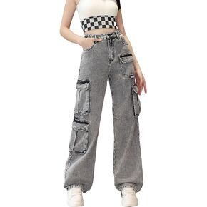 WDIRARA Girl's Flap Pocket High Waist Cargo Jeans Elastic Band Straight Leg Long Denim Pants