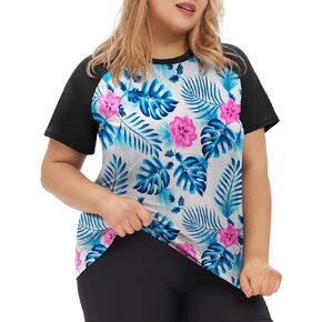 FOREYOND Women's Plus-Size Short Sleeve Rash Guard Swim Shirt with UPF 50+ Sun Protection for Bathing Suits and Swimwear