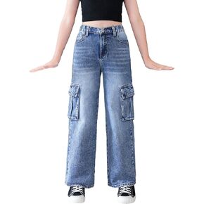 OYOANGLE Girl's High Elastic Waist Flap Pockets Side Wide Leg Cargo Jeans Casual Fashion Baggy Trousers in Saudi Arabia